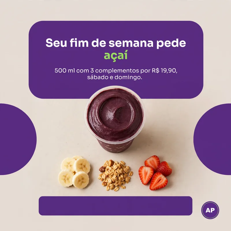 Post de açaiteria com uma faixa roxa vazia embaixo, marcada para ajuste.