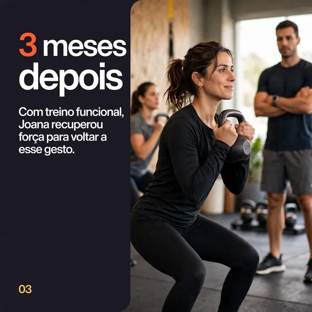 Slide 3: 3 meses depois, com treino funcional, Joana recuperou a força.