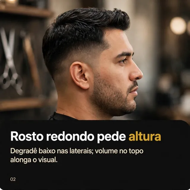 Slide 2: rosto redondo pede altura, degradê baixo nas laterais e volume no topo.
