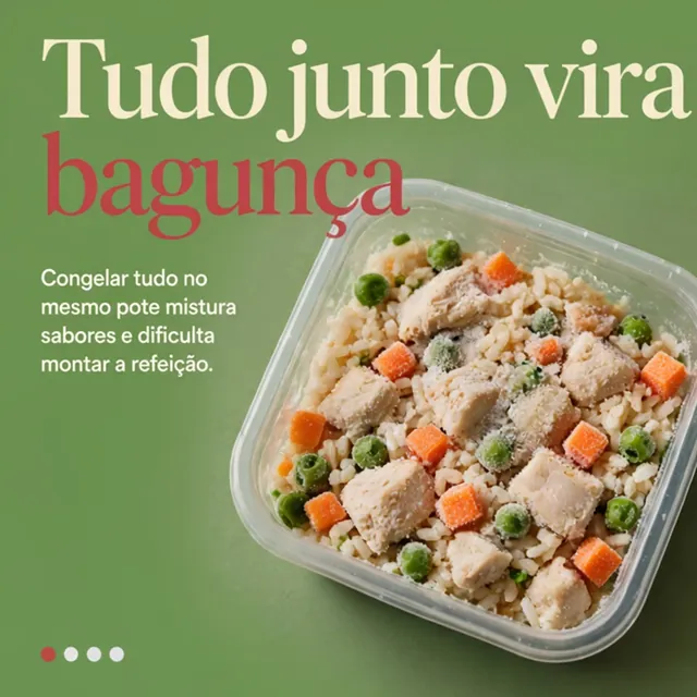 Slide 2: tudo junto vira bagunça, congelar tudo no mesmo pote mistura sabores.