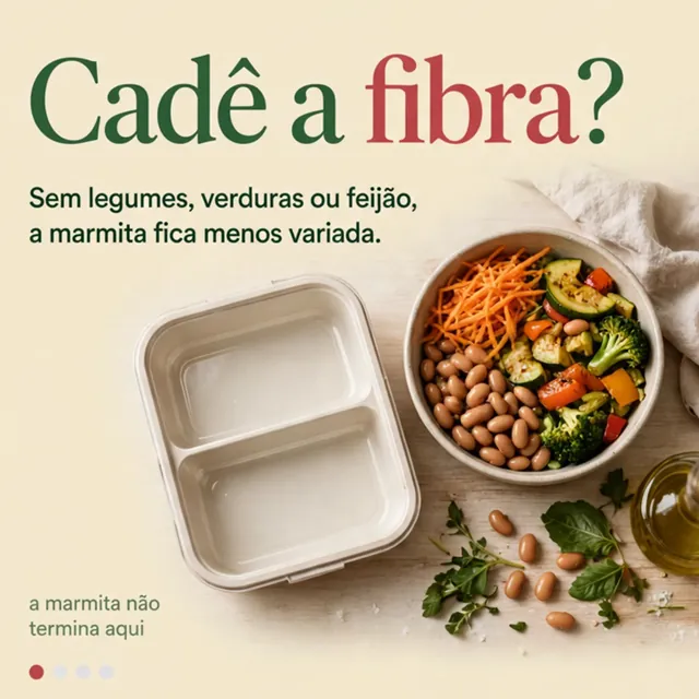 Slide 3: cadê a fibra? Sem legumes, verduras ou feijão, a marmita fica menos variada.